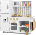 INFANS Kid Kitchen Playset, Toddler Wooden Pretend Cooking Set with Realistic Light & Sound, Stove, Sink, Microwave, Storage Cabinet, Play Kitchen Toy Set for Children Boys Girls (Gold)