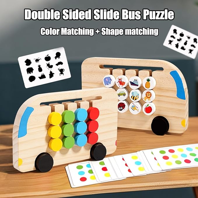 Montessori Toys Slide Puzzle for Kids | Double-Sided Matching Game & Logic Puzzles | Travel Toys for Toddlers with 96 Challenges (Color & Animal Cards)