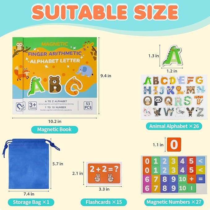 2 in 1 Preschool Learning Toys, Educational Number Counting for Kids, Portable Animals Magnetic Alphabet Letters Learning Board, Homeschool Supplies for Math Manipulates and Learning Spelling.