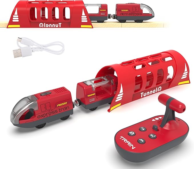 Toy Train Set Remote Control Locomotive Trains, Motorized Train for Wooden Track, Electric Train and Tunnel with Sound & Lighting Effect, Magnetic Trains Compatible with Thomas, Brio, Chuggington