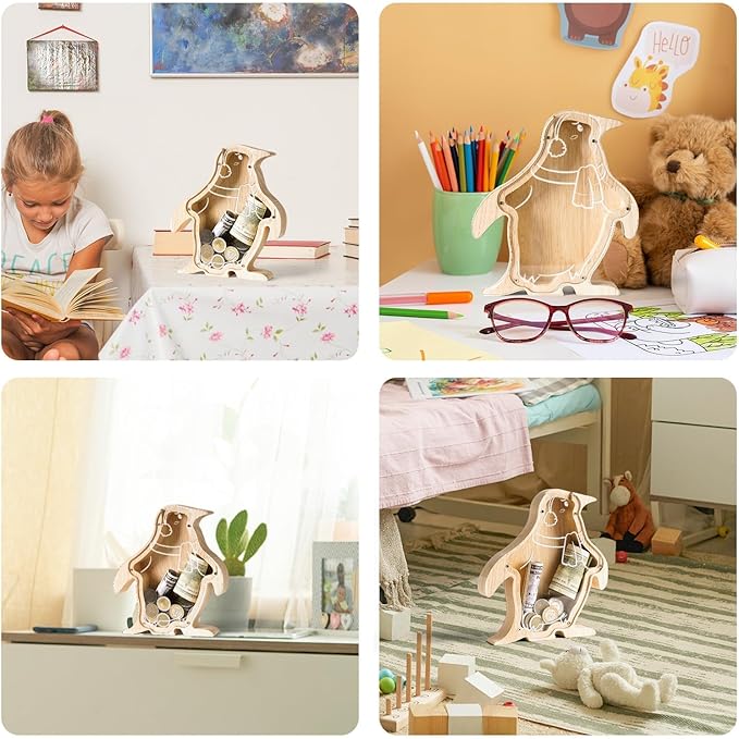 Wooden Penguin Piggy Banks for Kids Money Coin Bank, Cute Unbreakable Piggy Bank DIY Personalized Kids Safe Money Box with Stickers, Toddler Birthday Baptism Gifts for Girls Boys Penguin Lovers