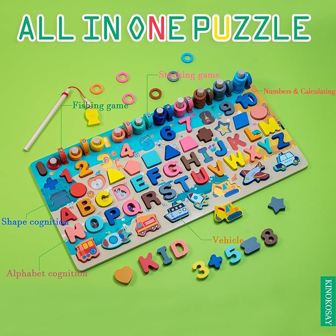 Wooden Alphabet Puzzle All in One Letters Shape Number Matching Board Montessori Educational Early Learning Toy for Preschool Kids