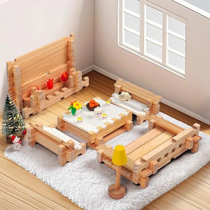 Jovi-mindly＆Notchies 96 PCS Wooden Blocks Wooden Toys with Storage Bag, Preschool Learning Toys Wood Blocks Building for Kids Ages 4-8 Creative Construction Game,FSC Certified,Halloween Gifts