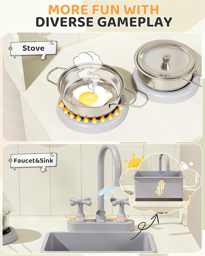 MAMIZO Kids Kitchen Playset with Ample Storage, Interactive Play Kitchen with Simulated Gas Cooker, Clicking Knobs, Sink, Faucet, 6 Pcs Cookware, Educational Clock for Toddlers (Cream)