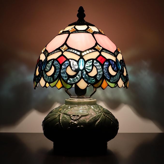 Small Tiffany Lamp Mushroom Table Lamp, Mini Stained Glass Desk Light Memory Sympathy Ceramic lamp 8X11 Inch (Pink Baroque Style)
