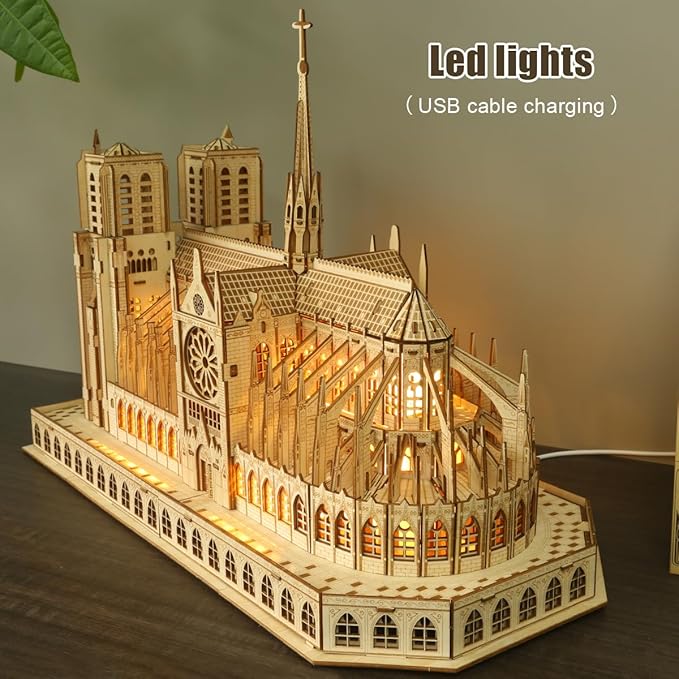 3D Wooden Puzzles for Adults,Notre Dame de Paris Church Model Kit for Adults to Build,Led Light DIY Games Gift on Birthday Christmas,Building Puzzle 266 Pcs