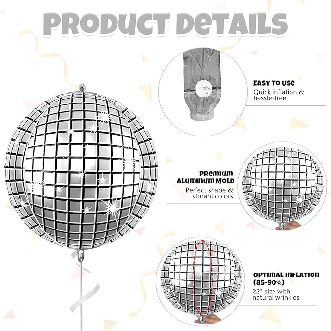 6Pcs Giant 4D Disco Ball Balloons, Sparkle Silver Disco Party Decorations, 22 Inch Round Foil Balloons for NYE 2025 Birthday Party Baby Shower Wedding Decorations