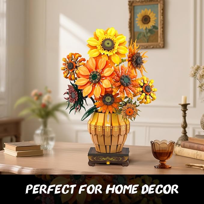 Sunflower Building Set with Lights Vase Base, Flowers Botanical Collection Building Block Home Decor, 1180PCS Art Flower Bouquet Bonsai Plant Building Kit Gift for Adults Teens Girls Boys 12+