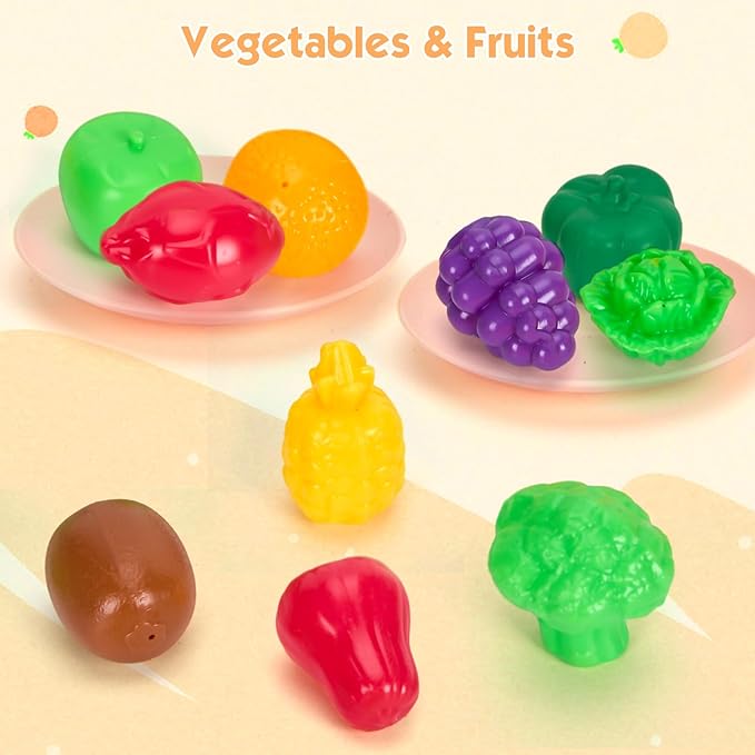 56Pcs Mini Play Kitchen Accessories for Kids, Pretend Cooking Playset with Cookware, Tableware & 2 Fruit Sets, Learning Gift for Girls, Boys, Toddlers, Green