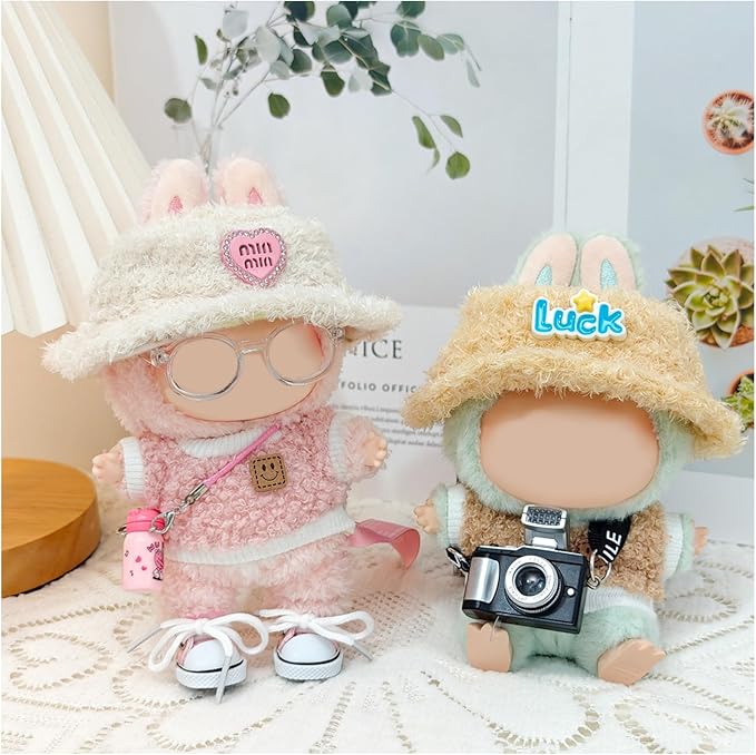 5 Set 17cm Doll Clothes, 17cm Doll Clothing Set, Light Pink Heart-Shaped Velvet hat + Small Water Cup + Glasses + Canvas Shoes(No Doll Included)