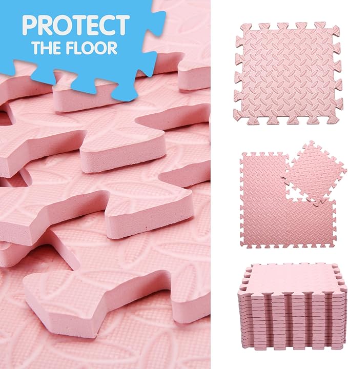 Coolcandy Solid Colored Foam Play Mat, 12"*12" Each Mat丨Non-Toxic Soft Baby Play Mat, 0.4" Thickened Square Interlocking Floor Mats - Toddler Playmat for Playing, Exercise(Loli Pink/16 Tiles)