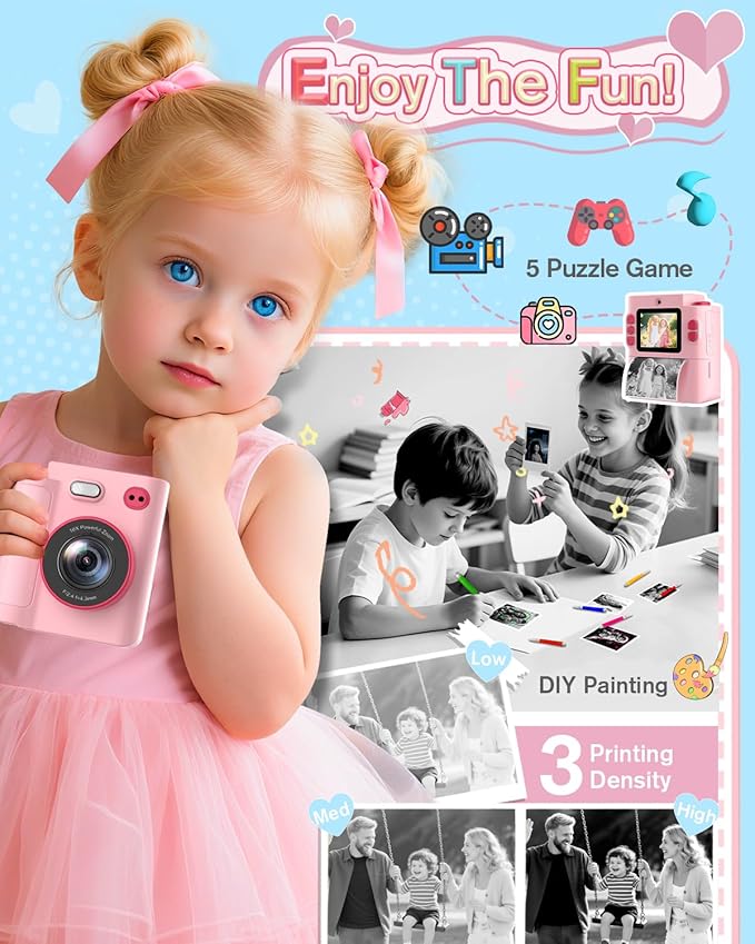 Instant Print Camera for Kids - 1080P HD Toddler Digital Camera for 3 4 5 6 7 8 9 10 Year Old Girls Boys, Christmas Birthday Gift with 32GB SD Card, Selfie Mode, Portable Travel Toy, Fun Filters- Pink