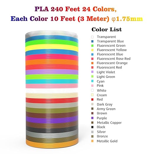 3D Printing Pen Refills PLA Filament 1.75mm 24 Vibrant Colors 240 Feet, Each Color 3 Meters (10 Feet) - 250 Stencils eBooks - Fit for SCRIB3D P1 and MYNT3D Pens