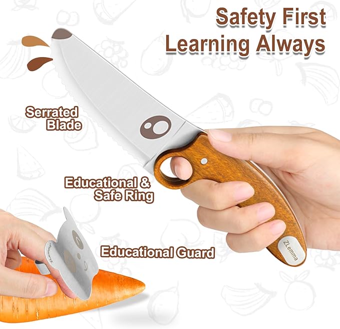 Kids Knife Set for Real Cooking with Educational Ring & Serrated Blade Edge & Panda Finger Guard 4-Pieces, Kids Chef Knife Set with Rosewood Handle Stainless Steel Blade For Starter Cutting Learning