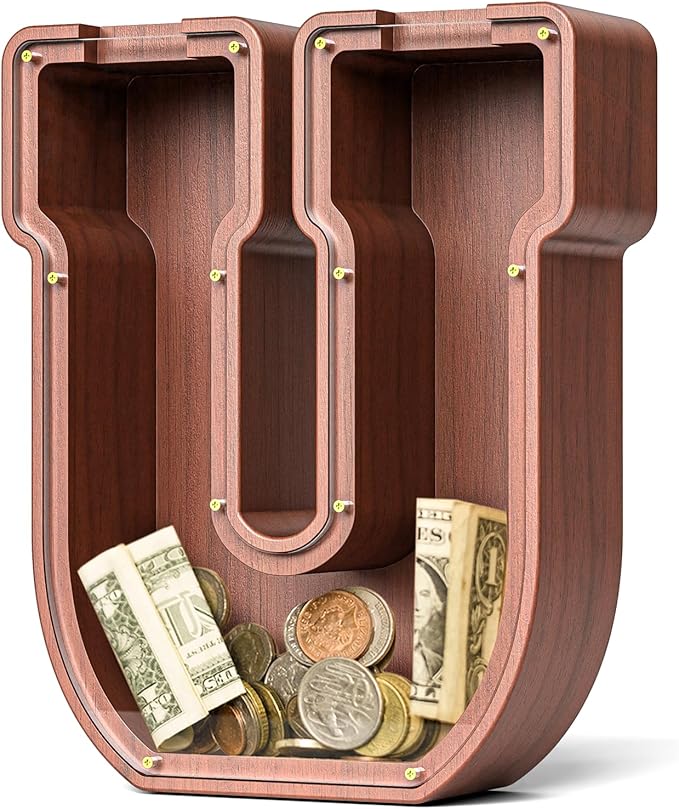 Summidate Wooden Letter Piggy Bank, Extra Thick Large Capacity Piggy Bank for Kids Boys Girls Toddler, Alphabet U Money Bank| Coin Box Birthday, Christmas, Festival