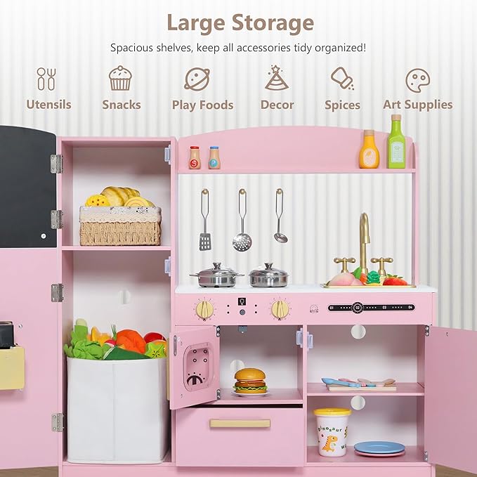Kinder King Wooden Kids Play Kitchen, Toy Kitchen Playset for Toddler, Play Kitchen Set w/Blackboard, Transparent Coloring Board, Pretend Dishwasher, Oven, Ice Maker, Gift for Boys Girls Age 3+, Pink