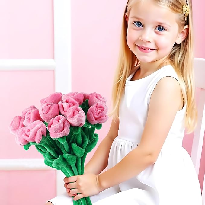 18 Pcs Plush Rose Flower Stuffed Bendable Stems Plush Bouquet Toy Soft Floral 12.6 Inch for Graduation 2025 Mother's Day Valentines Day Girl Girlfriend Wife Family and Friends(Pink Series)