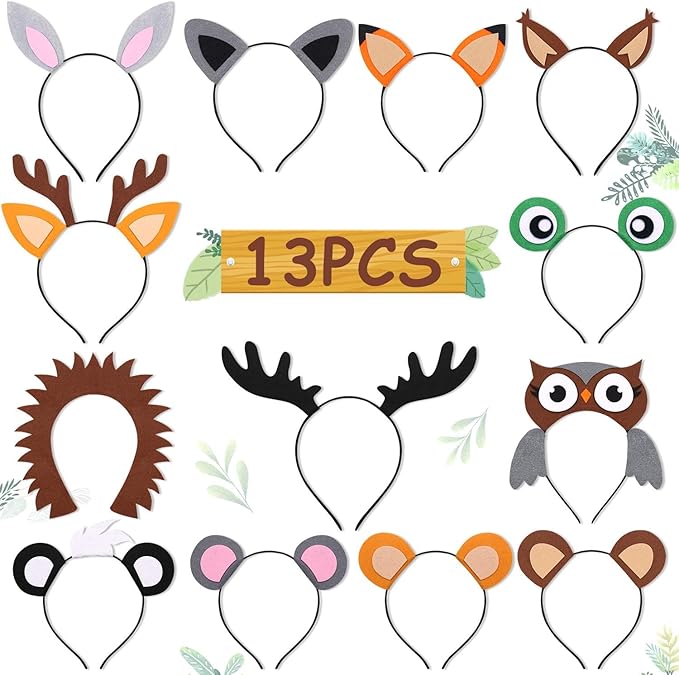 13PCS Woodland Animal Headbands Forest Friend Wild One Camping Theme Felt Ears Headbands For Woodland Creature Theme Baby Shower Birthday Party Favors Kids Adults Cosplay Apparel Party Supplies