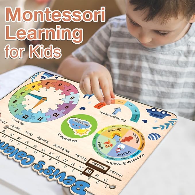 Interactive Calendar for Kids Ages 3+, Wooden Toddler Calendar, Teaching Seasons, Years, Months, Days of Week, Daily Activity Calendars for Kid Preschool & Homeschool (04 - boy Name)