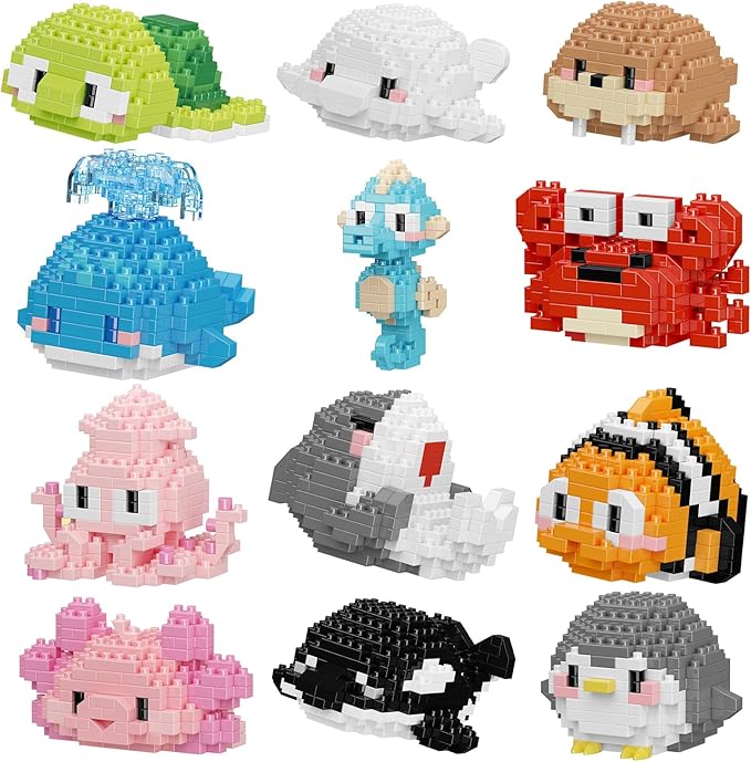 Small Toy Gift,Party Favors for Kids,12 Boxes Marine Animals Micro Mini Building Blocks Set, Birthday Gift for Kids Ages 8-16+