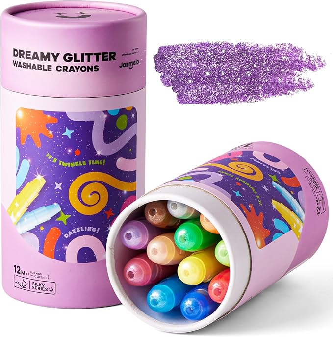 Jar Melo Glitter Crayons for Toddlers 1-3, Non-Toxic Washable Crayons for Kids, Ultra-Silky and Twist, Ideal Coloring Gift for Boys and Girls, 12 Colors