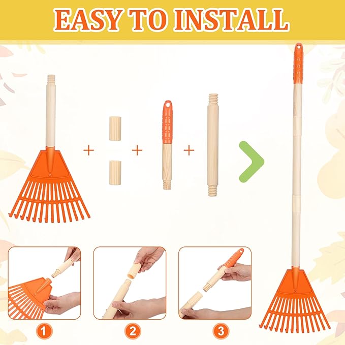 Therwen 12 Pcs Kids Rakes for Leaves 31'' Child Size Plastic Lawn Rakes, Garden Rakes with Plastic Rake Head and Wooden Handle, Kids Gardening Tools for Camping Debris Flower Beds, Boys Girls Gifts