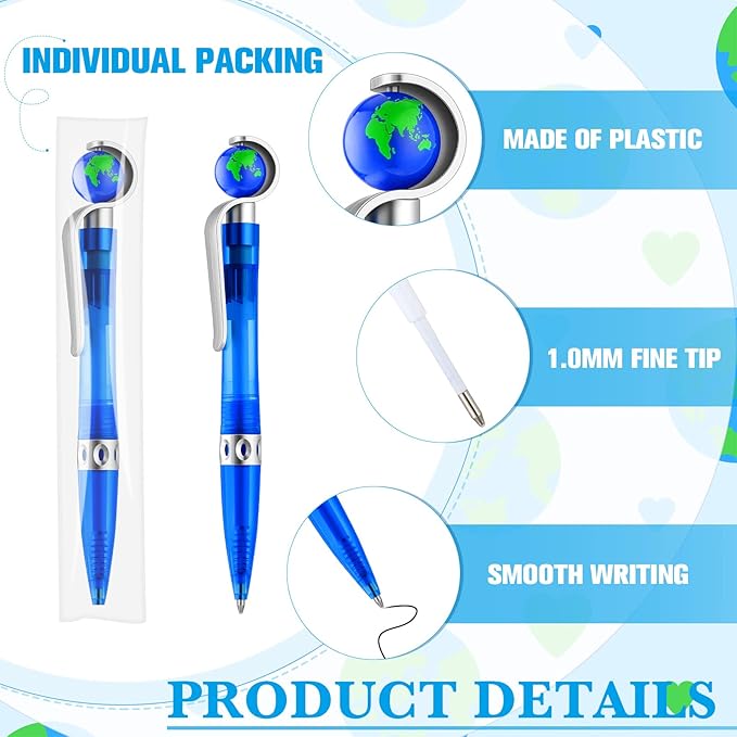 Teling 50 Pcs Earth Retractable Cute Globe Pens Bulk 1.0 mm Tellurion Shape Earth Day Black Ink World Ballpoint Pens for Adults Accessories Office Decoration Supplies