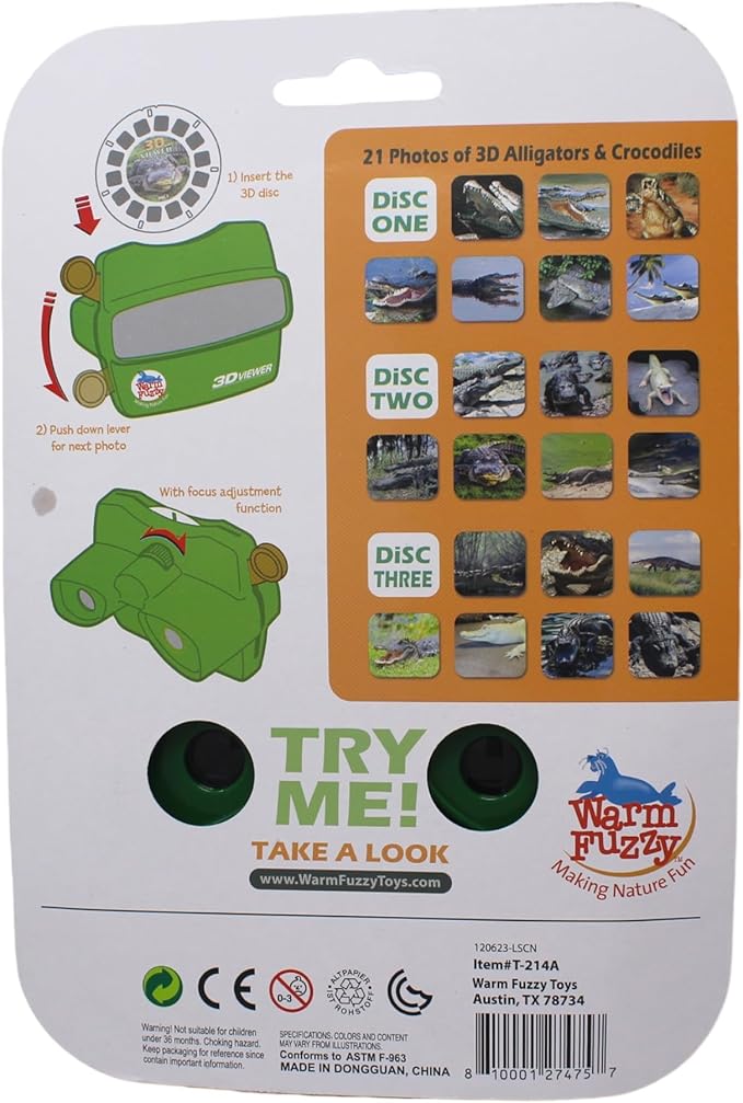 WARM FUZZY Toys 3D Viewfinder (Alligator) - Viewfinder for Kids & Adults, Classic Toys, Slide Viewer, 3D Reel Viewer, Retro, Vintage Toys with 3 Reels - Contains 21 High Definition 3D Images