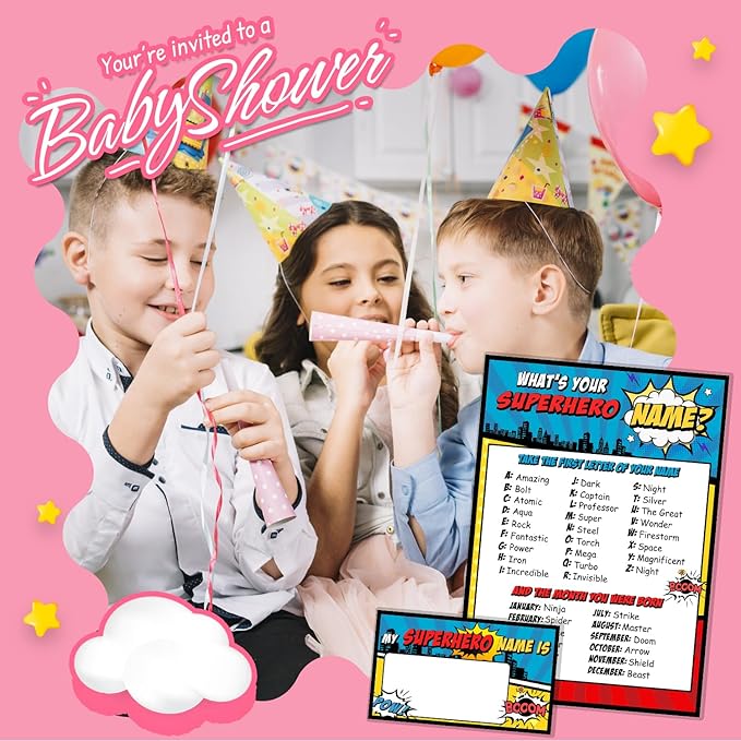 What is Your Superhero Name Game, Game Sign and 30 Cards, Superhero Birthday Party Sign for Boys, Holiday Activity, Kids Superhero Activity Cards, Superhero Activity Decoration Supplies