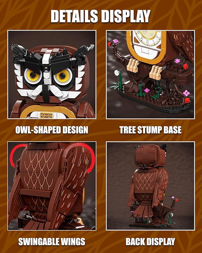 Owl Clock Building Blocks Set, STEM Building Toys with Functional Clock, Collectible Bird Display Model for Home Decor, Creative Gift for Adults & Boys 8-14 (964Pcs)