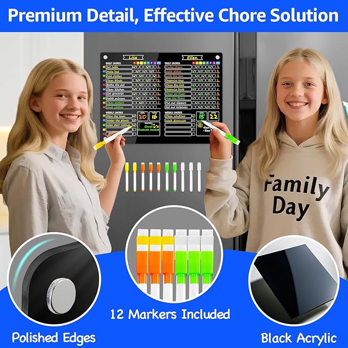 PigPotParty 2-in-1 Black Acrylic Magnetic Chore Chart for 2 Kids Couples Roommates, 15"x11" Large Dry Erase Chore Board for White Fridge, Weekly Reward Chart, 12 Markers & 1 Towel Included