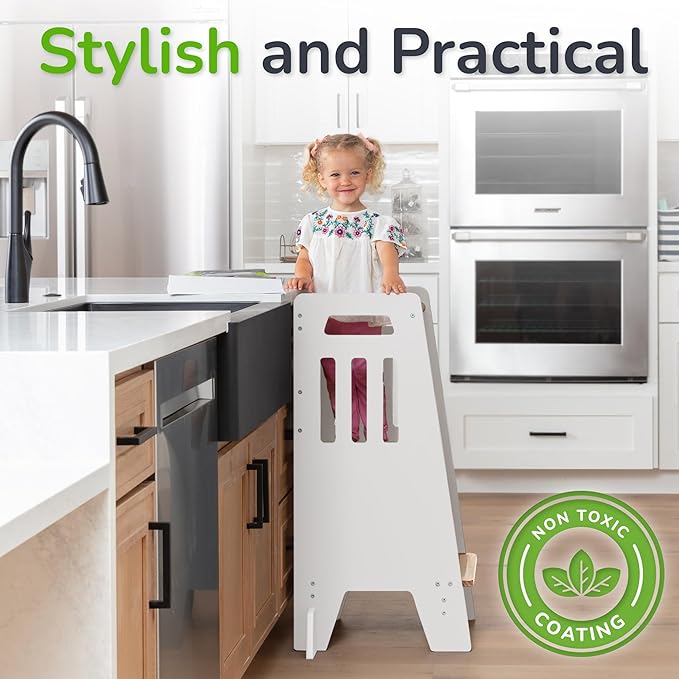 OCODILE Toddler Tower with a Sliding Door and 3 Adjustable Heights - Complete Toddler Kitchen Stool Helper with Support Feet - Safe Design for 18+ Months to 6-Year-Old Kids - White