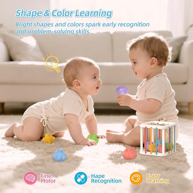 Montessori Shape Sorter Toy for Toddlers, Sensory Learning Cube with 6 Soft Blocks, Baby Developmental Toy for Fine Motor Skills, Gift for 12-36 Months Boys & Girls