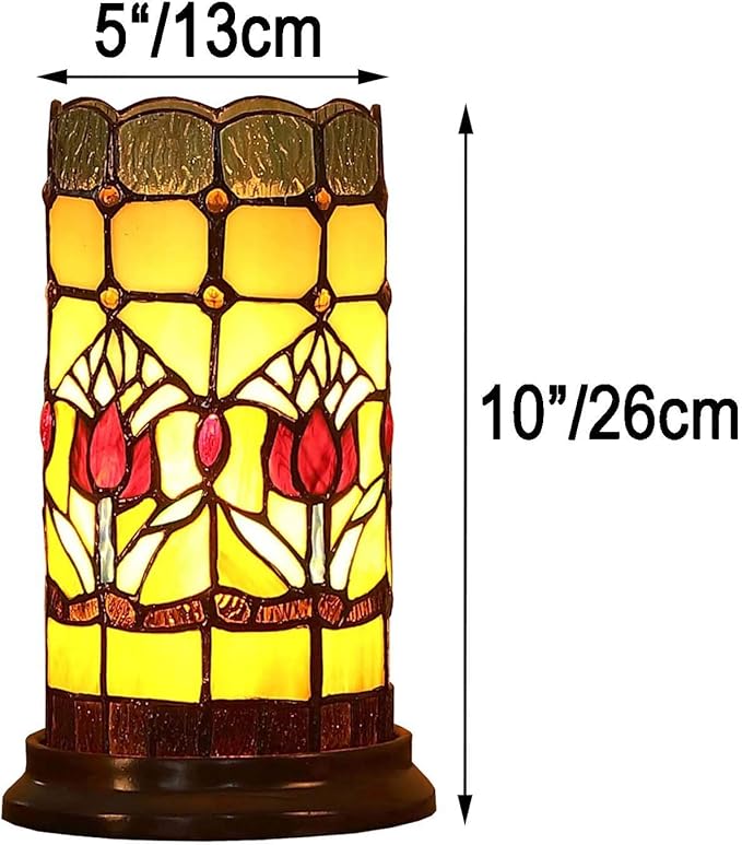 Bieye L10648 Tulip Flower Tiffany Style Stained Glass Mini Table Lamp Night Light with 5-inch Wide Lampshade for Bedside Bedroom Living Room Home Decoration, 10 inches Tall