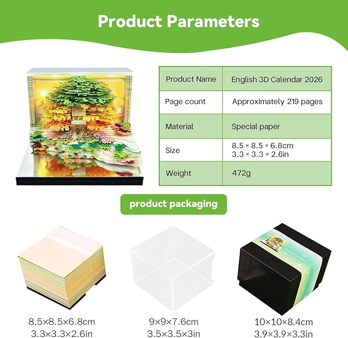 3d Calendar 2026,Hand Tear DIY Art 3d Calendar,Perfect Combination Of Artistic And Practical Design With Lights,Suitable For Note Taking,Decorative Ornaments,Holiday Gifts (huahai-Green)