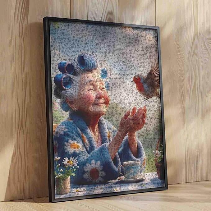 Grandma with Bird and Tea Jigsaw Puzzles for Adults 1000 Pieces Garden Scene DIY Puzzles for Challenging Family Activity Games Elderly Lady Art Jigsaw Puzzles Home Wall Decor Craft Gifts 20x27 Inches