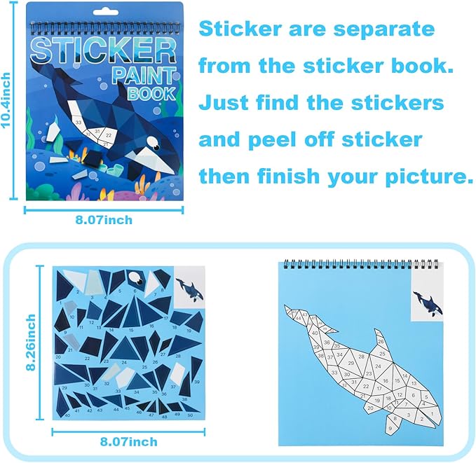 AEAHALY 2 Pack Crafts for Kids Ages 4-8 Paint by Sticker, Reusable Sticker Book for Kids Ages 4-8 Boys and Girls Birthday Gifts Party Favor, Travel Activity Book Set for Learning (Dinosaur+Ocean)