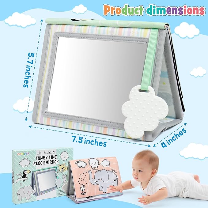 Dr.Rapeti Soft Tummy Time Book Baby Safe Mirror with Teether Crinkle Pages Tummy Time Mirror High Contrast Montessori Sensory Toy Tummy Time Toy for Newborn Baby Infant for 0+