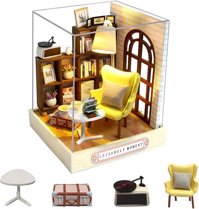 CUTEROOM DIY Doll House Miniature Furniture Wooden House Kit with Dust Cover & LED Light and Accessories-Leisure Moment