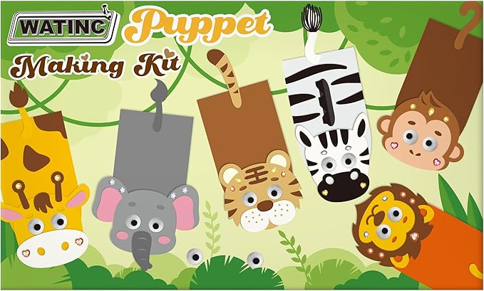 WATINC 6Pcs Hand Puppet Making Kit, Art Craft Felt Sock Puppet Toys, Creative DIY Make Your Own Pompoms Wiggle Googly Eyes Storytelling Role Play Party Supplies Gift for Girls Boys (Wild Animals A)