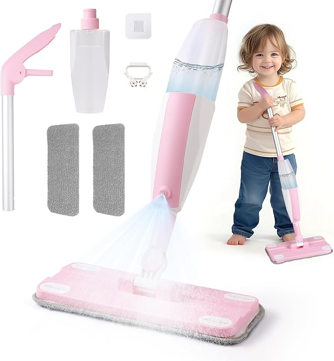 Kids Spray Mop Pink, Real Working Water-Spraying Toy, Montessori Mini Mop with 2 Microfiber Washable Pads, Toddler Cleaning Set for Floor, Christmas Birthday Gifts for Age 3 4 5 6 7 8