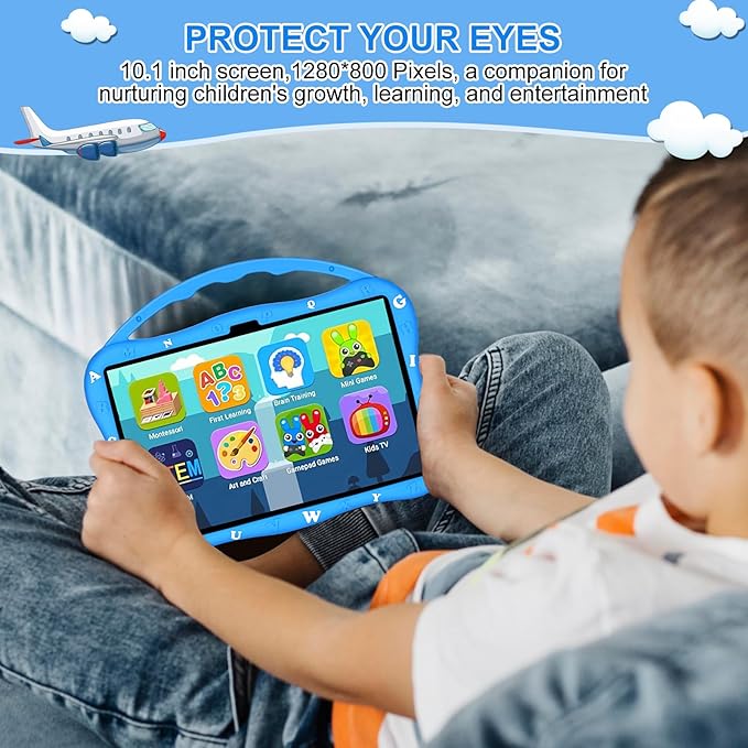 Kids Tablet, 10.1 inch Tablet for Kids 3-10, Educational Learning Toddler Tablet Android 14, 8GB RAM+64GB ROM Storage, 5G WiFi, Baby Girl boy Gift (Blue)