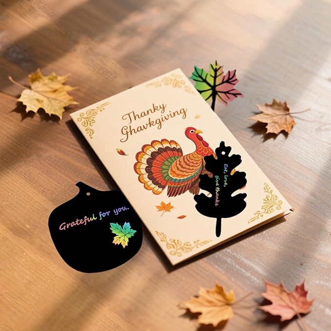 Naturahand 50 Rainbow Scratch Paper with 10 Wooden Scratch Sticks and 50 Red String, Turkey Shaped Scratch Off Cards for Thanksgiving Day DIY Decorations and Art Party Favors(H-3)