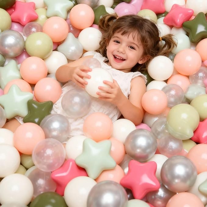 GOGOSO Ball Pit Balls for Toddlers Phthalate-Free BPA-Free Non-Toxic Crush Proof Soft Plastic Play Balls Baby Kids Shape Tent Pool Playhouse Playpen Party Decor,Stars Pink+Green+White Netural,100PCS