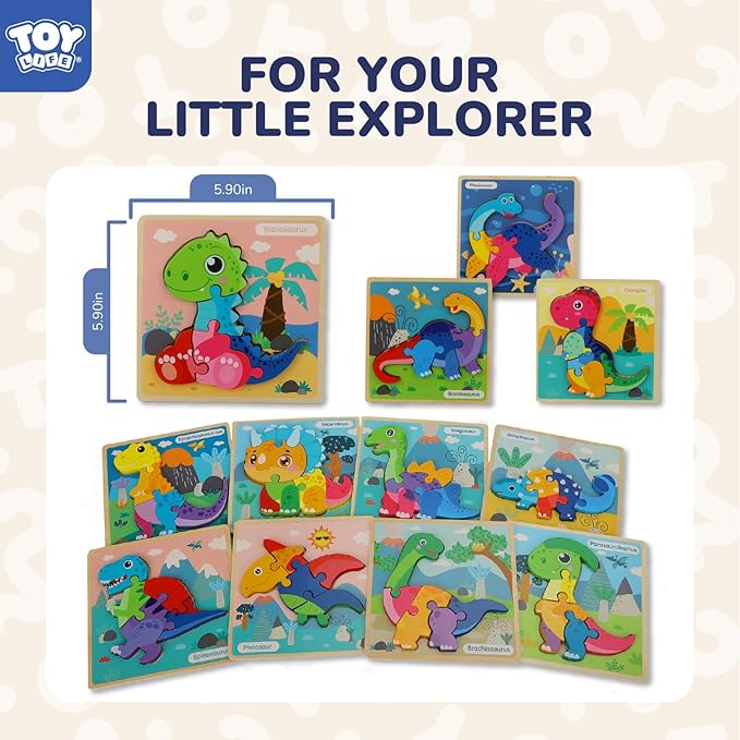 TOY Life Wooden Puzzles for Toddlers 2-4, 12 Pack Dinosaurs Puzzles for Toddler 1-3, Kids Montessori Toys for 1 2 3 Year Old, Educational Toys for Boys Girls Age 2 3 4 5, Baby Learning Toy Gifts