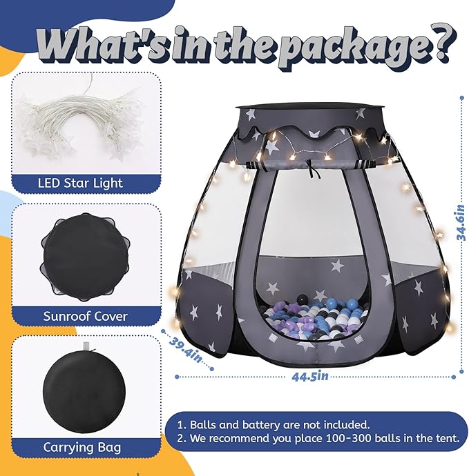Pop Up Play Tent with Star Light：Neutral Toy for Boy Girl Birthday Gifts, Portable Ball Pit with Outdoor Carry Bag, Collapsible Kids Tent for Toddler Indoor Activity Playhouse,NO Balls(Black)