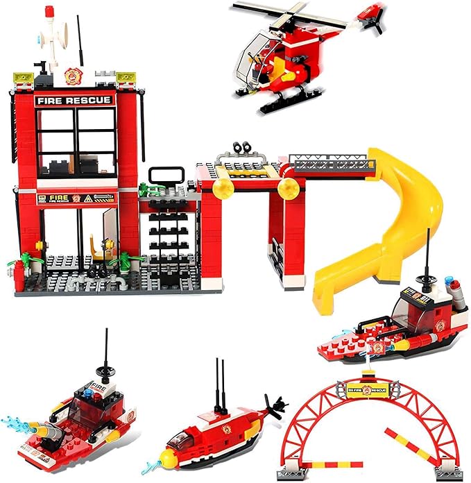 Liberty Imports 580 PCS City Fire Station Building Blocks Set - Marine Fire Rescue Toy Bricks Kit with Emergency Firefighter Patrol Ships & Helicopter - Storage Box with Baseplates Lid for Kids