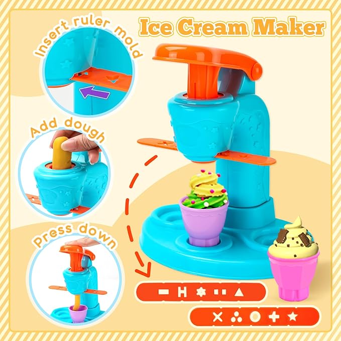 59 PCS 3 in 1 Dough Sets for Kids Ages 3-4-8, Art Crafts Dough Tools Kit, Ice Cream Playset Noodle Hamburger Maker Machine, Kitchen Creations Food Play Toys Toddlers Boys Girls