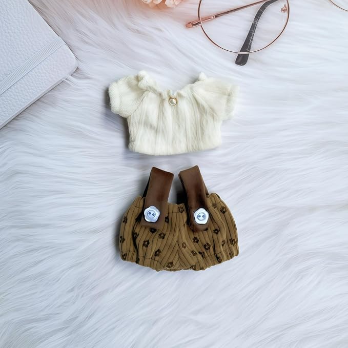 Clothes for Dolls Accessories (No Doll), Cute Outfit Set 3 Pieces Bib Pants Suitable for 15 & 17cm Doll Suit, Stylish Dress Up Overalls Doll Clothing Set Replacement with Hat Clothes Brown