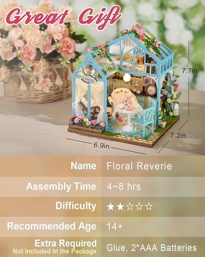 Miniature House Kit Floral Reverie, DIY Tiny House with Furniture & LED Lights, Miniature Dollhouse Kit for Adults & Teens, Creative Decoration Gift for Family Friends
